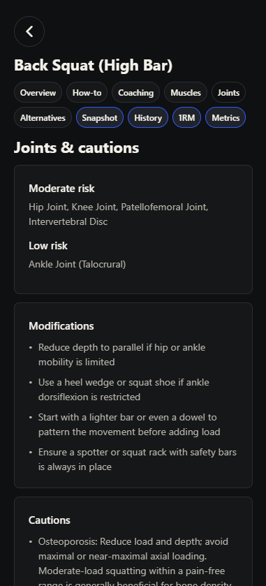 Ultimate Lift movement Library screen showing joint data for a movement