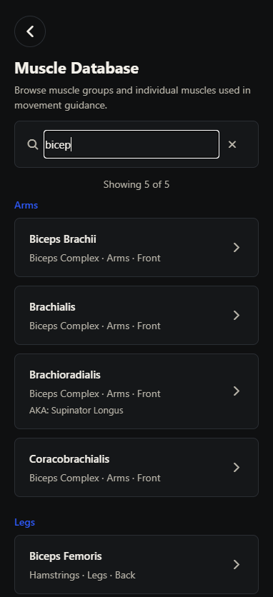 Ultimate Lift muscle database screen filtered to biceps-related muscles