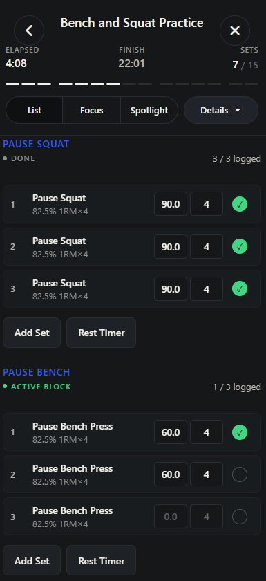 Ultimate Lift active workout list showing logged and active training blocks