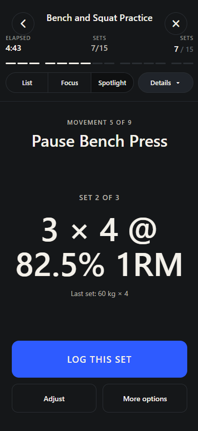 Ultimate Lift spotlight workout screen showing the current set prescription