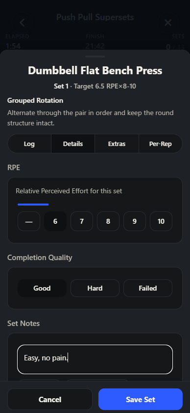 Workout entry details tab showing RPE, completion quality, and set notes
