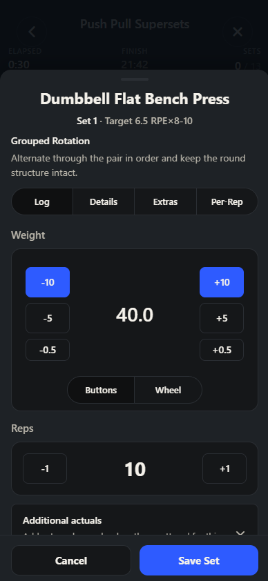 Ultimate Lift workout entry log screen with weight and reps controls