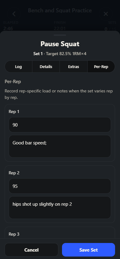 Workout entry per-rep tab showing rep-specific load and notes